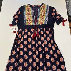 Floral Patterned Kids Dress in Navy and Red